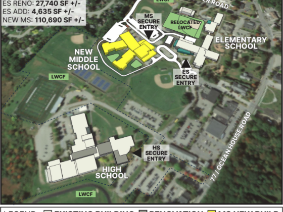 Satellite view with new building plans overlayed.
