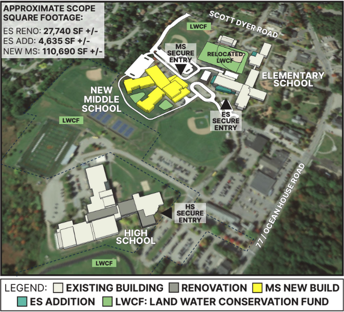 Satellite view with new building plans overlayed.